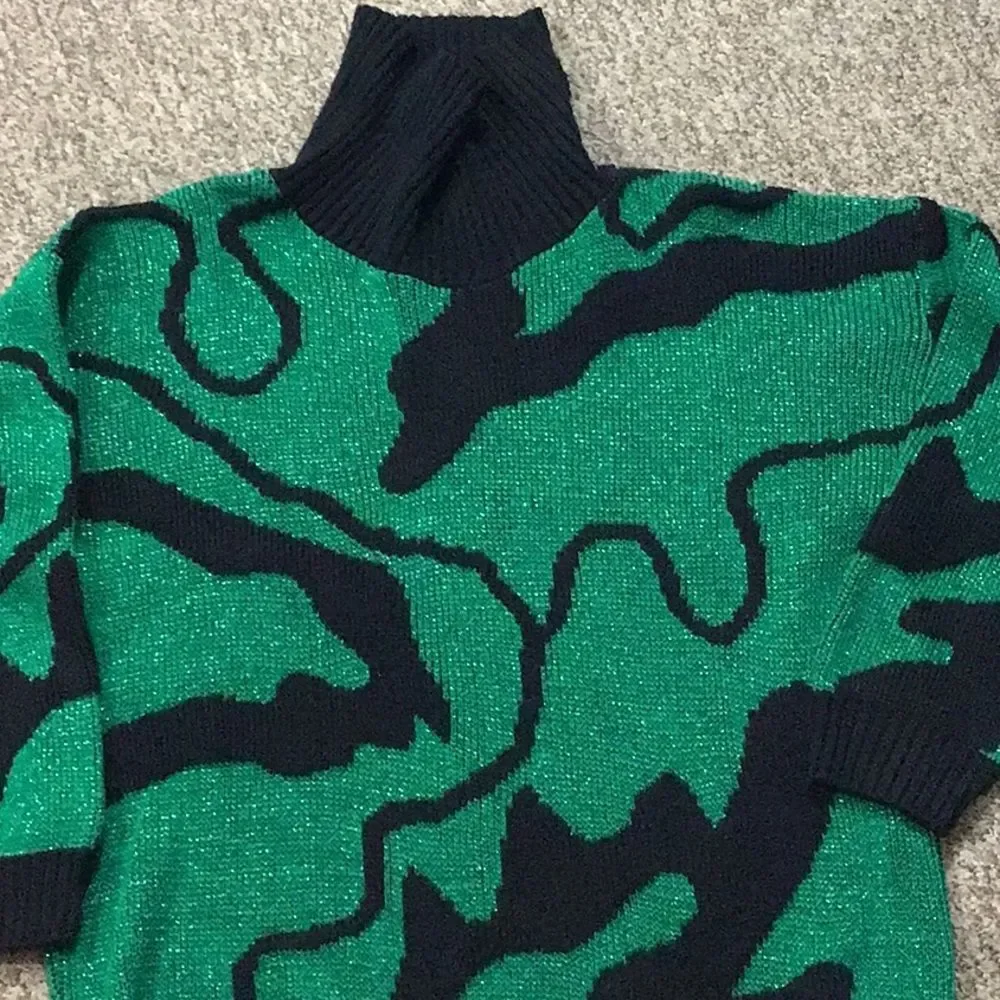 Emerald and Black Crew Neck Sweater with Abstract Design No Size Tag Approxi, M
